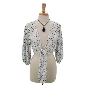 Windsor Sheer Tie Front Blouse M White Blue Floral Crop Top Boho Festival